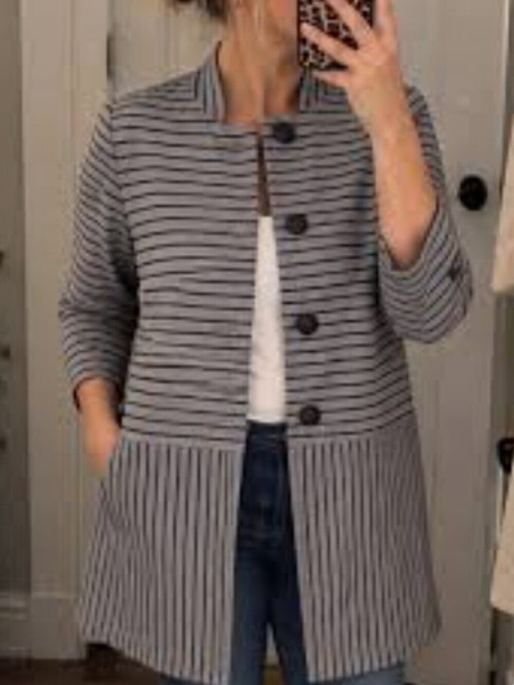 CAbi Striped Car Coat in Navy and Gray